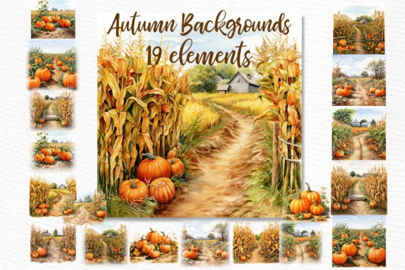 Autumn Landscapes Clipart Fall Backgroun: Hand-Painted Watercolor Art for Your Projects