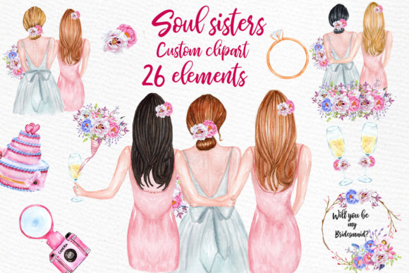Bridesmaid Best Friends Clipart: Watercolor Wedding Designs