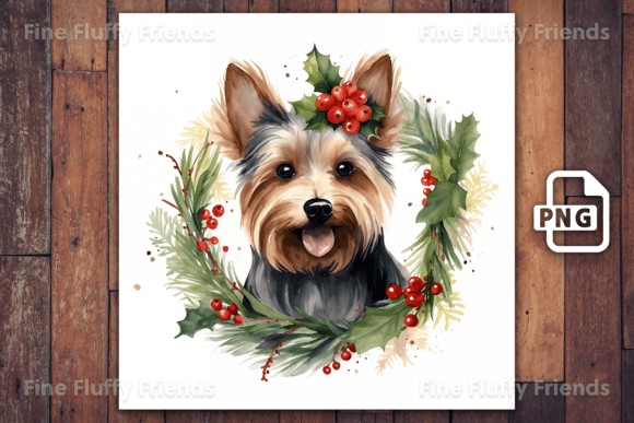 Charming Watercolor Yorkie Christmas Wreath for Digital Crafters