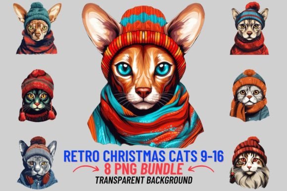 Retro Christmas Cats Sublimation 9-16: Festive Feline Designs