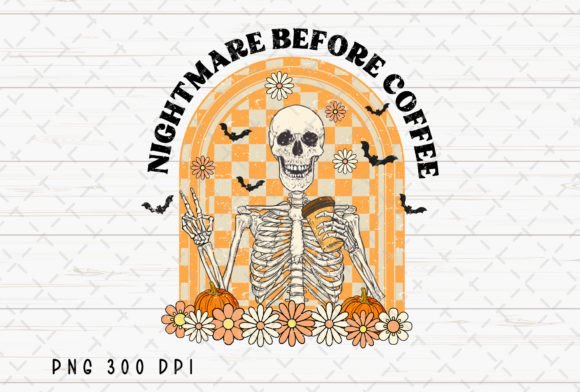 Retro Halloween Skeleton Coffee Fall PNG: Spooky Season Design Asset