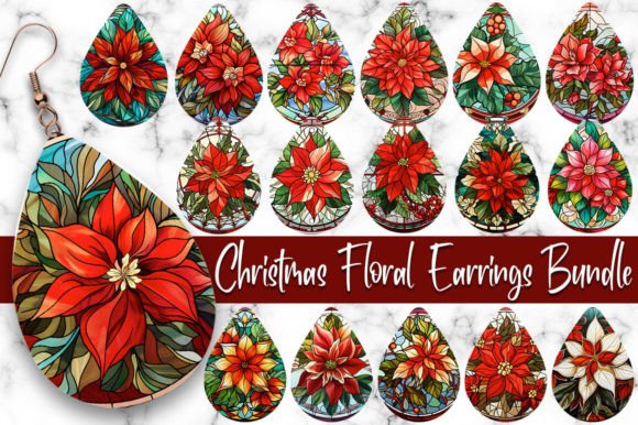 Stained Glass Christmas Flowers Earrings: Festive Digital Art