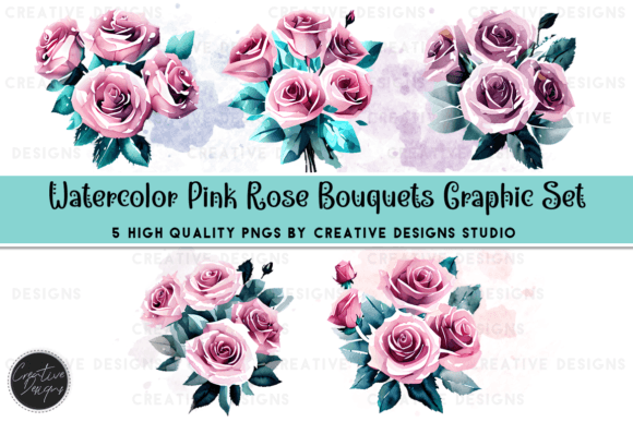 Watercolor Pink Rose Bouquet Graphic Set: Design Applications